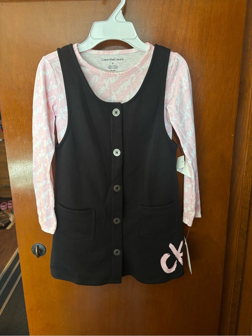 Calvin Klein Jeans Black Pinafore Dress with Pink Long-Sleeve Tee